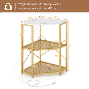 Corner Printer Stand with Power Outlet 3-Tier Storage Rack with Adjustable Shelf-White