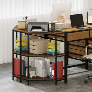 Corner Printer Stand 3-Tier Corner Shelf with Charging Station and Metal Frame-Rustic Brown