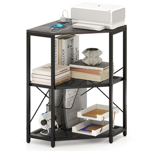 Corner Printer Stand with Power Outlet 3-Tier Storage Rack with Adjustable Shelf-Black