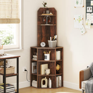 6-Tier Corner Shelf with Charging Station and 2 USB Ports-Brown