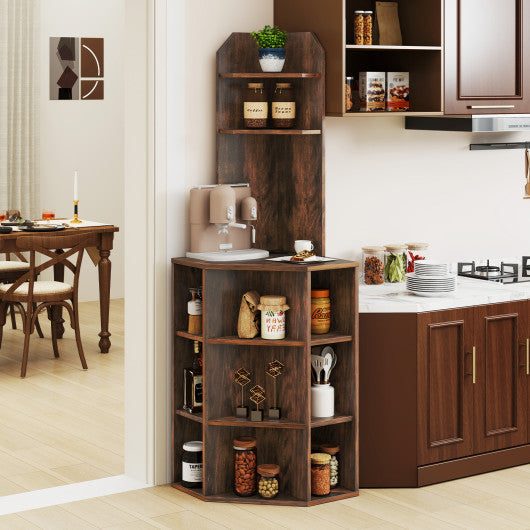 6-Tier Corner Shelf with Charging Station and 2 USB Ports-Brown