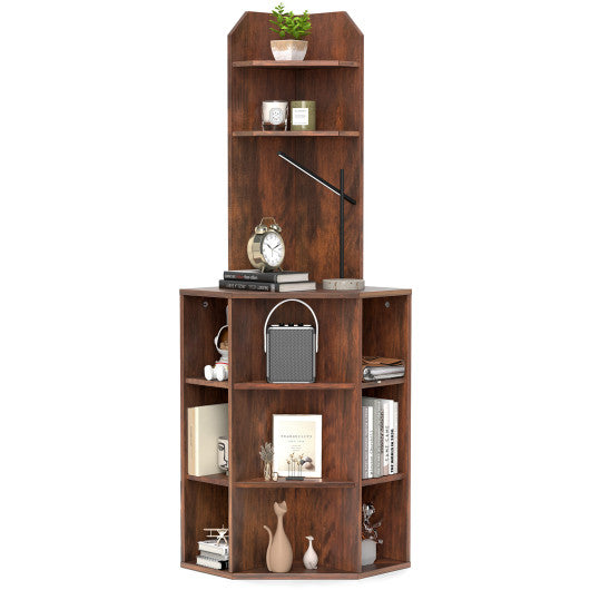 6-Tier Corner Shelf with Charging Station and 2 USB Ports-Brown