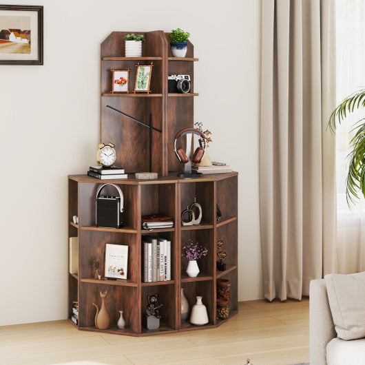 6-Tier Corner Shelf with Charging Station and 2 USB Ports-Brown