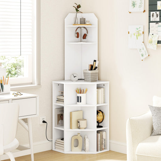 6-Tier Corner Shelf with Charging Station and 2 USB Ports-White