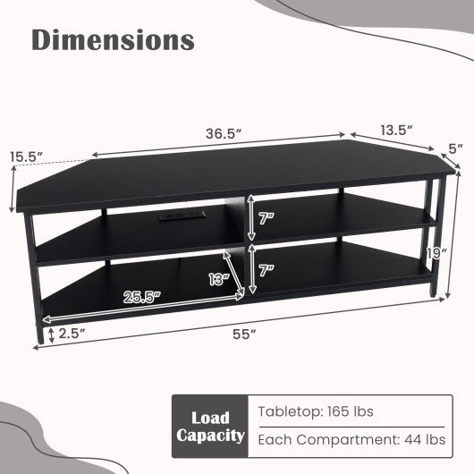 3-Tier Corner TV Stand for TVs up to 65 Inches with Charging Station- Black