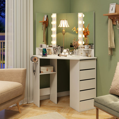 Corner Vanity Desk with 3-Color LED Lighted Mirror and Power Outlet-White