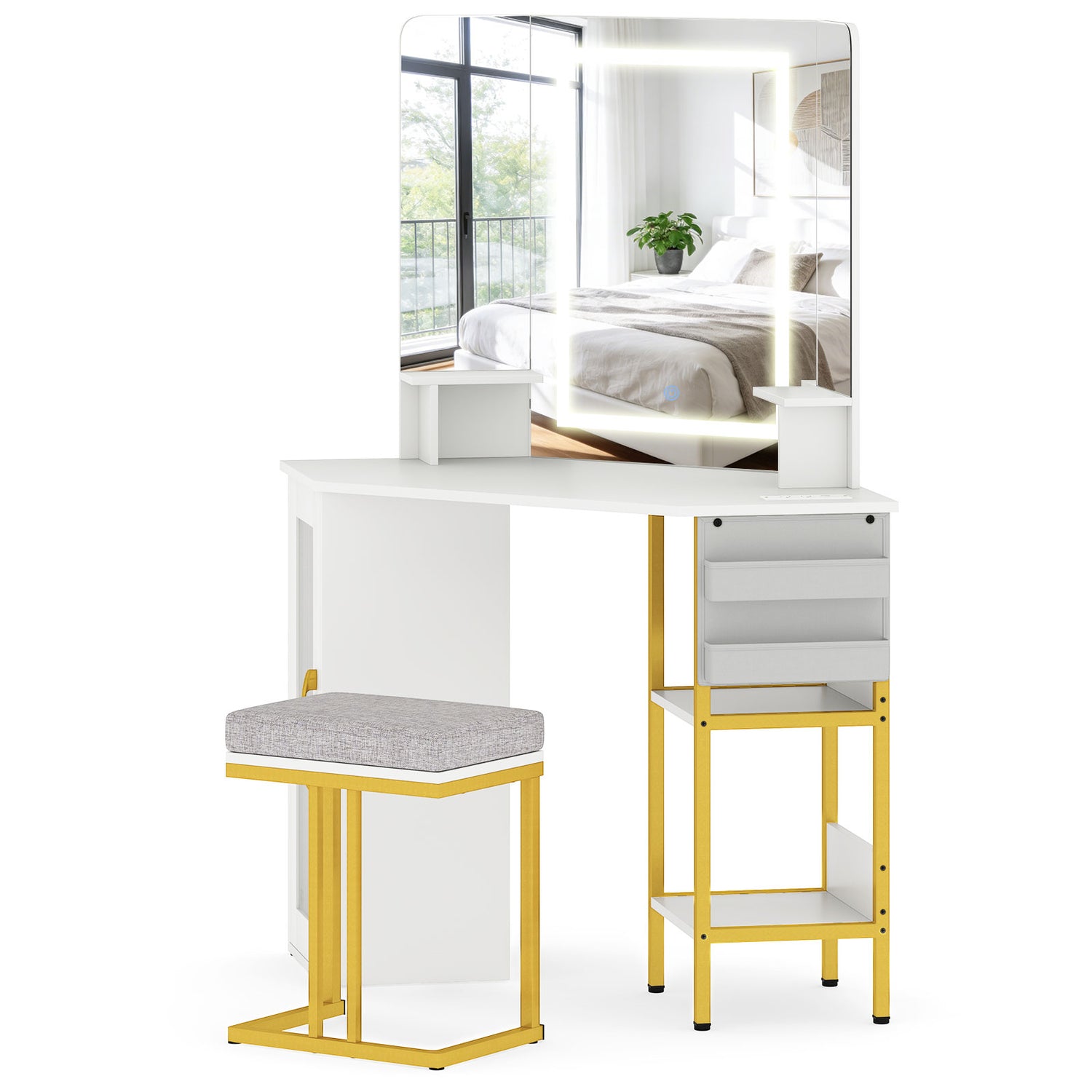 Corner Vanity Desk with Mirror and Lights Makeup Dressing Table with Triple Mirror-White