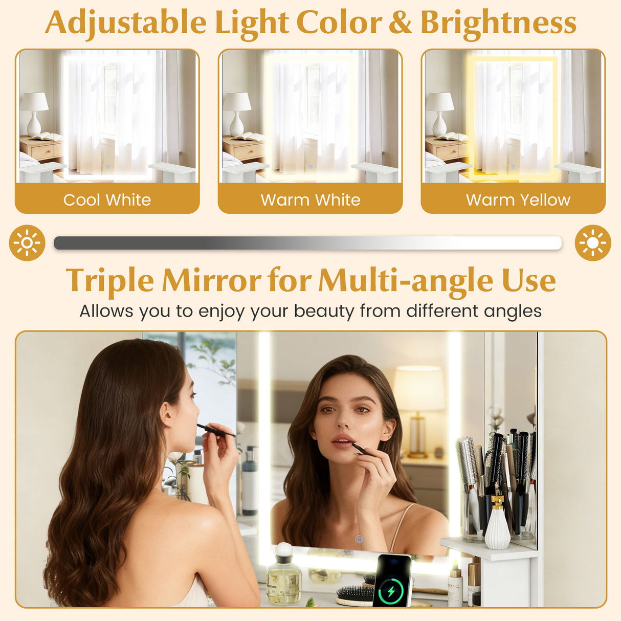 Corner Vanity Desk with Mirror and Lights Makeup Dressing Table with Triple Mirror-White