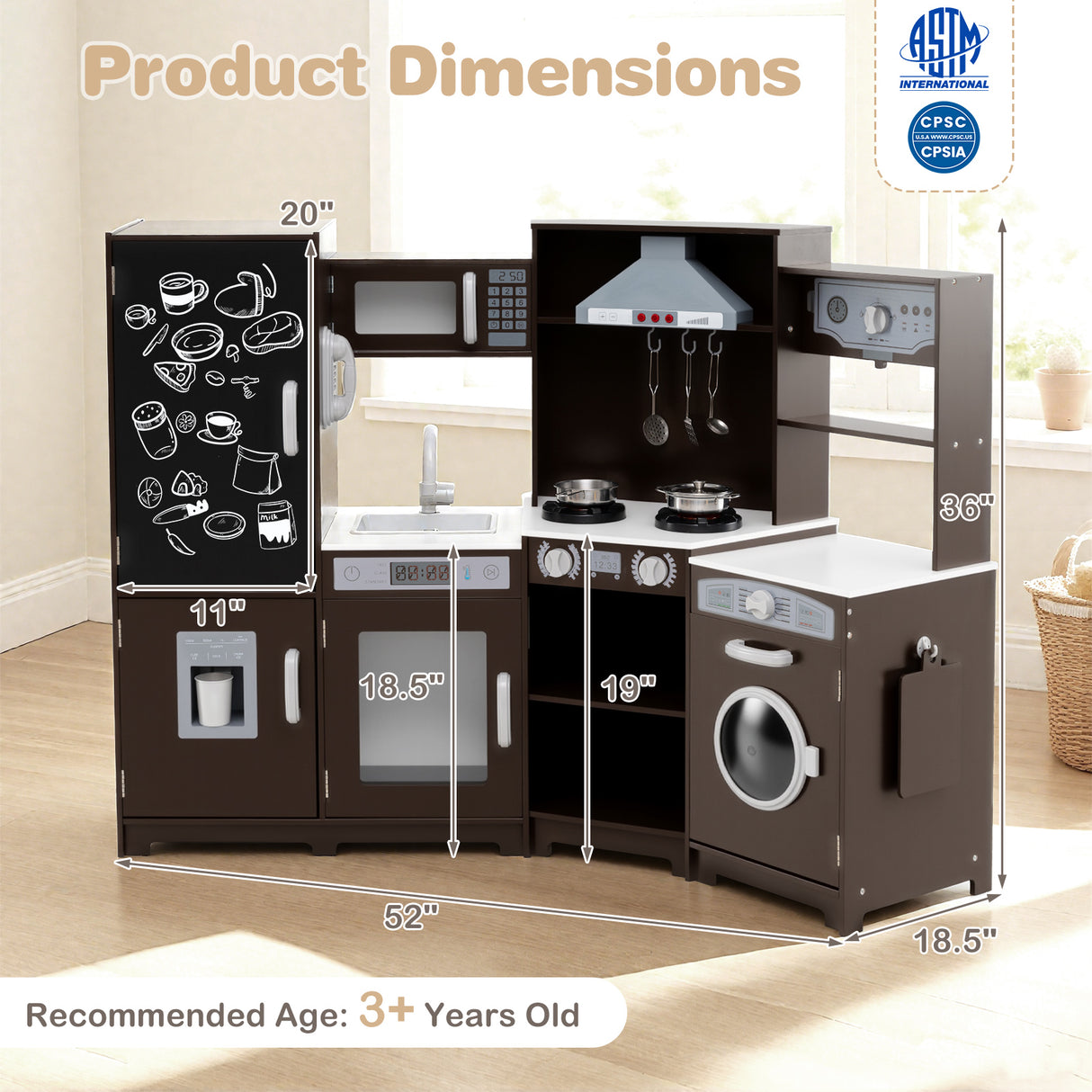 Corner Wooden Play Kitchen with Lights and Sounds Large Pretend Play Kitchen Set-Espresso