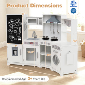 Corner Wooden Play Kitchen with Lights and Sounds Large Pretend Play Kitchen Set-White