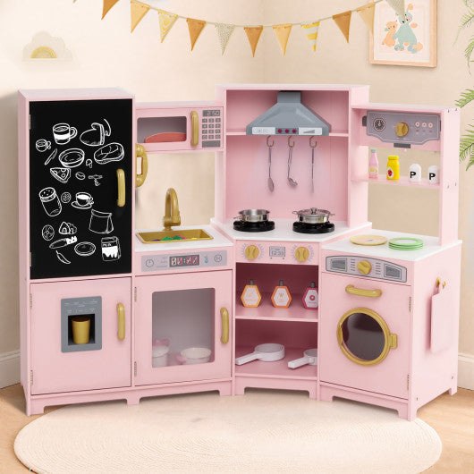 Corner Wooden Play Kitchen with Lights and Sounds Large Pretend Play Kitchen Set-Pink