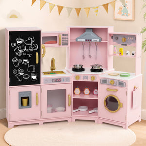 Corner Wooden Play Kitchen with Lights and Sounds Large Pretend Play Kitchen Set-Pink