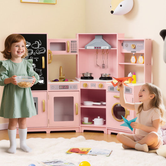 Corner Wooden Play Kitchen with Lights and Sounds Large Pretend Play Kitchen Set-Pink
