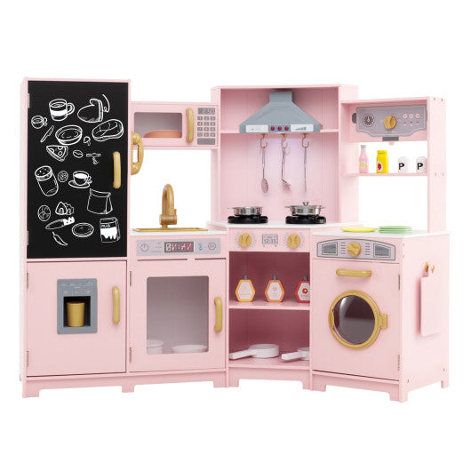 Corner Wooden Play Kitchen with Lights and Sounds Large Pretend Play Kitchen Set-Pink