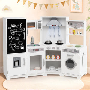 Corner Wooden Play Kitchen with Lights and Sounds Large Pretend Play Kitchen Set-White