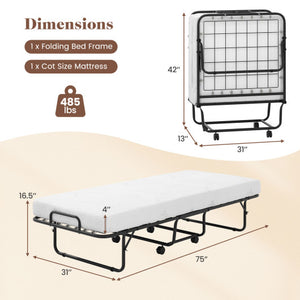 Cot Size Folding Bed Frame with Memory Foam Mattress and Metal Frame