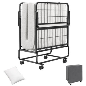 Space-Saving Narrow Twin Rollaway Bed with Pillow and Side Organizer Pocket