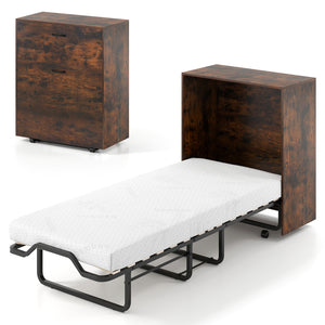 Cot Size Murphy Bed with Foldable Bed and Lockable Wheels-Rustic Brown