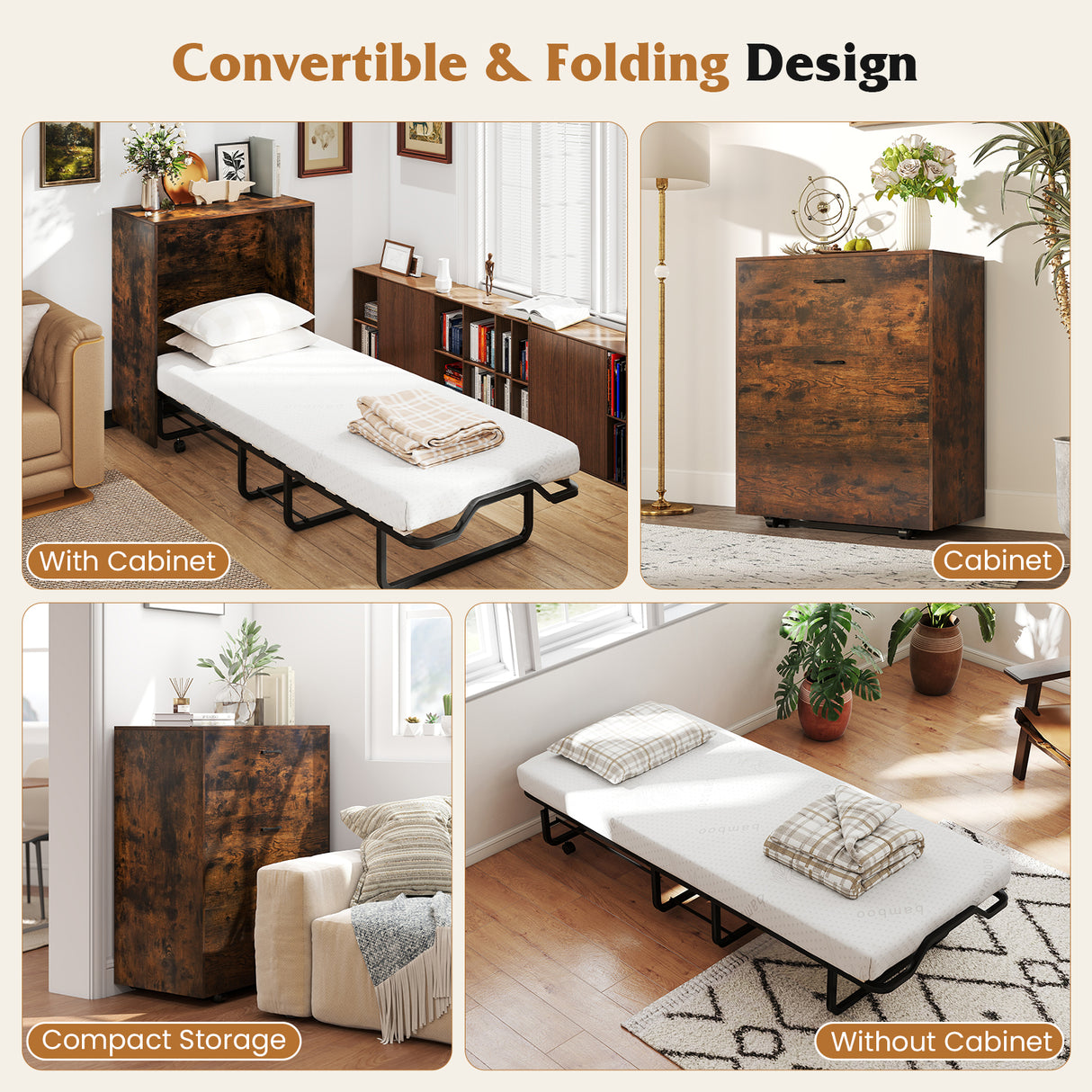 Cot Size Murphy Bed with Foldable Bed and Lockable Wheels-Rustic Brown