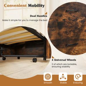 Cot Size Murphy Bed with Foldable Bed and Lockable Wheels-Rustic Brown