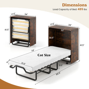 Cot Size Murphy Bed with Foldable Bed and Lockable Wheels-Rustic Brown