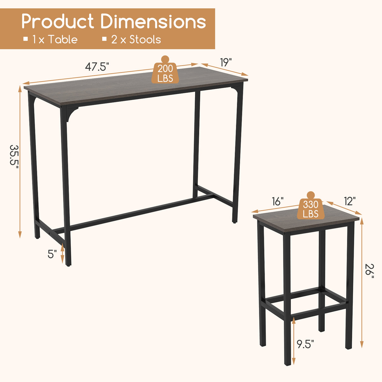 Industrial 3-Piece 47.5" Counter-Height Dining Table and 2 Bar Stools-Gray