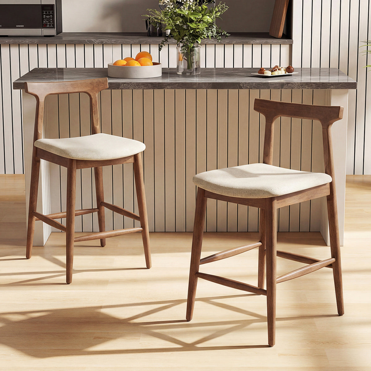 Counter Height Bar Stools 24 Inch Solid Wood Kitchen Island Chairs with Curved Backs-Walnut