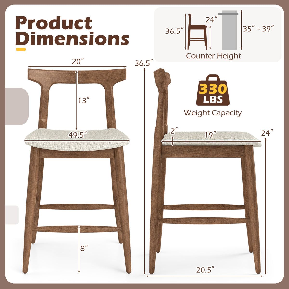 Counter Height Bar Stools 24 Inch Solid Wood Kitchen Island Chairs with Curved Backs-Walnut