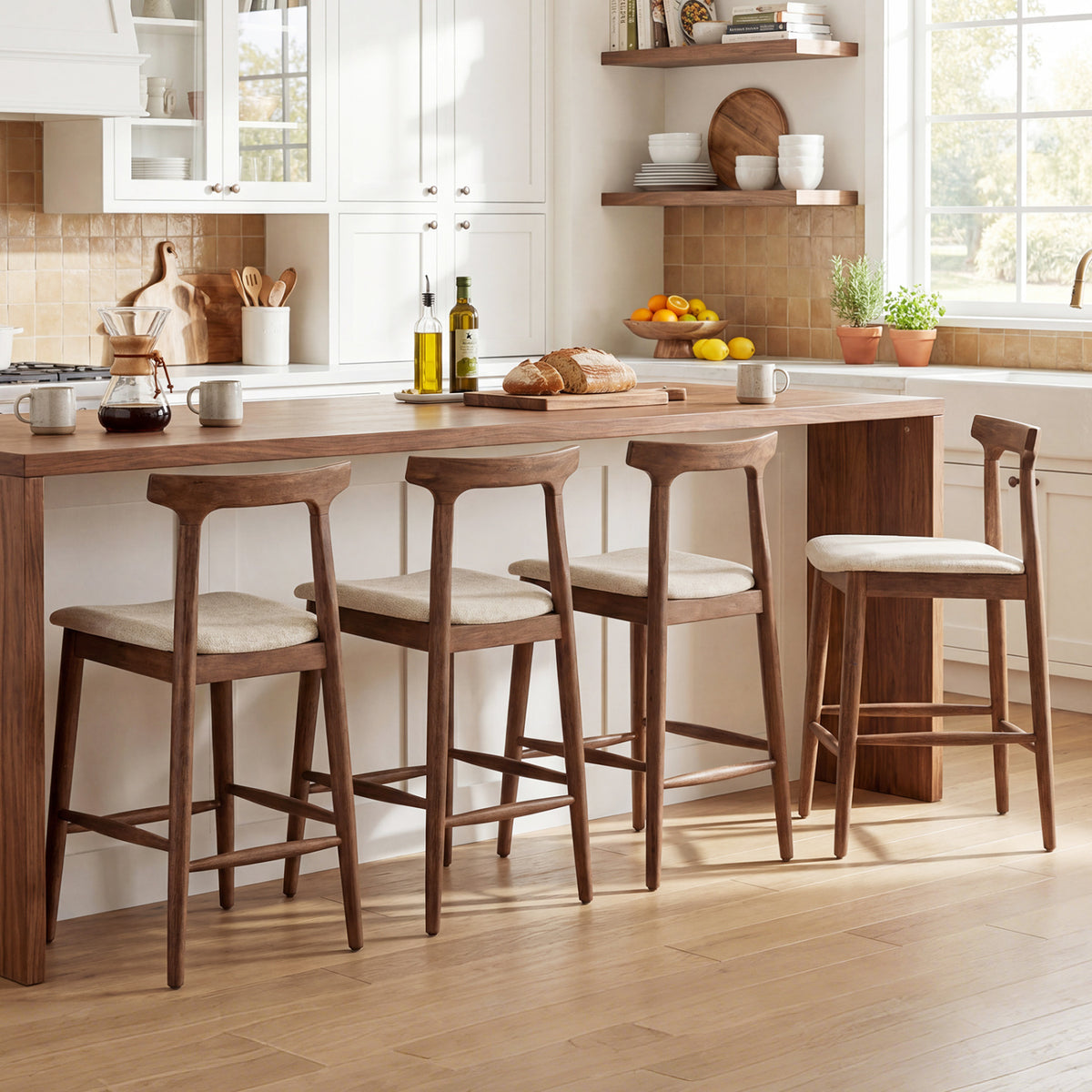 Counter Height Bar Stools 24 Inch Solid Wood Kitchen Island Chairs with Curved Backs-Walnut