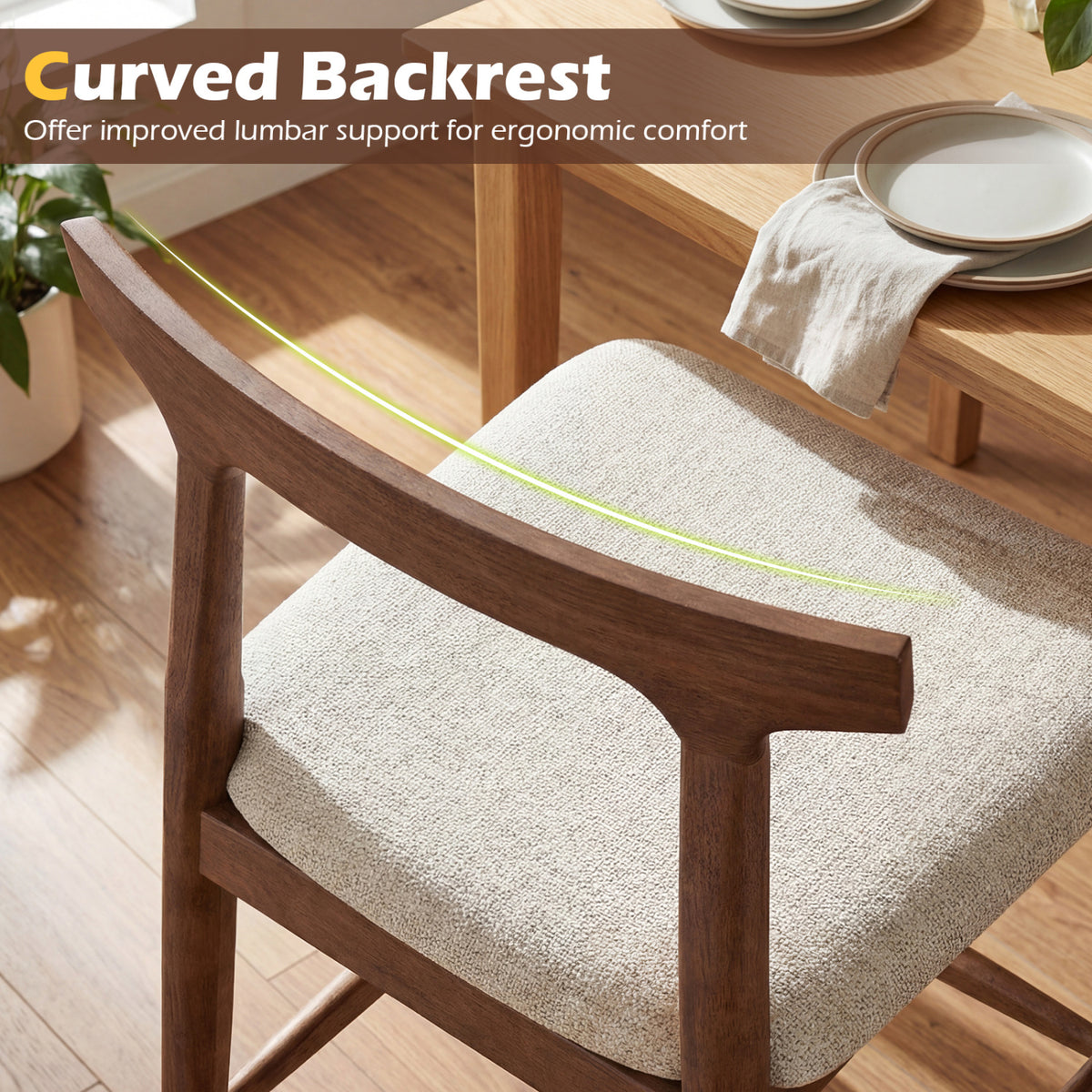 Counter Height Bar Stools 24 Inch Solid Wood Kitchen Island Chairs with Curved Backs-Walnut