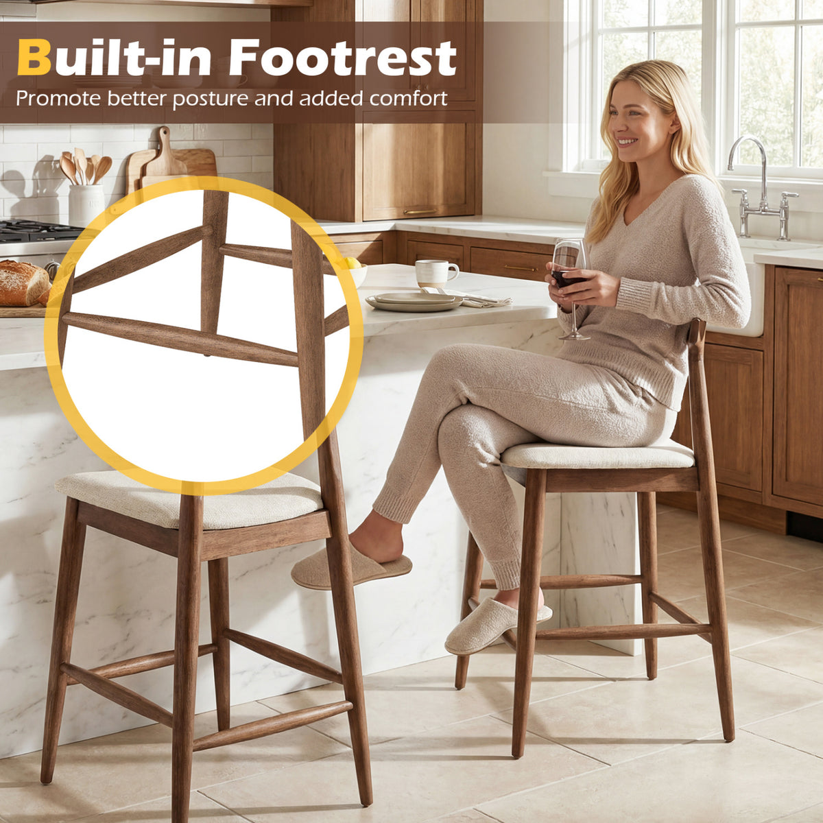 Counter Height Bar Stools 24 Inch Solid Wood Kitchen Island Chairs with Curved Backs-Walnut