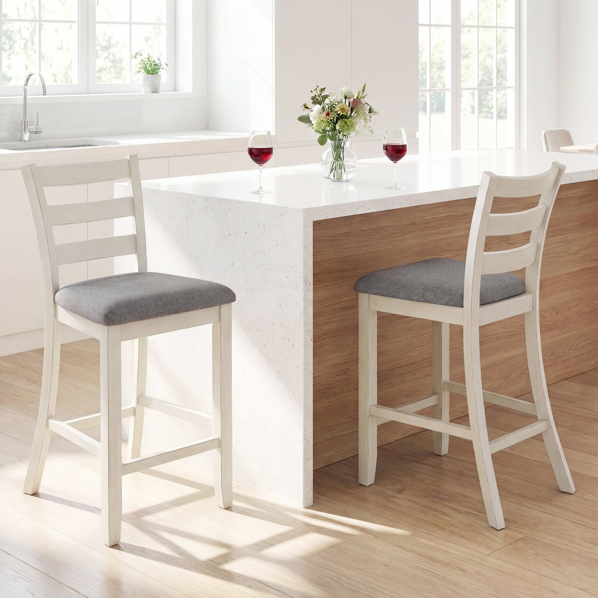 Counter Height Chairs with Fabric Seat and Rubber Wood Legs-Beige