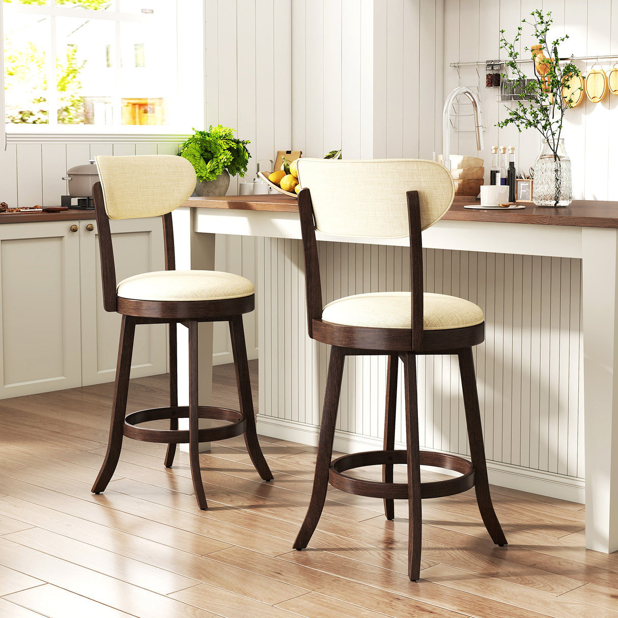 25.5 Inch Counter Height Chairs Set of 2 with Padded Seat and Backrest-Brown