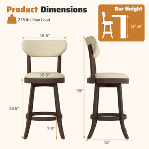 25.5 Inch Counter Height Chairs Set of 2 with Padded Seat and Backrest-Brown