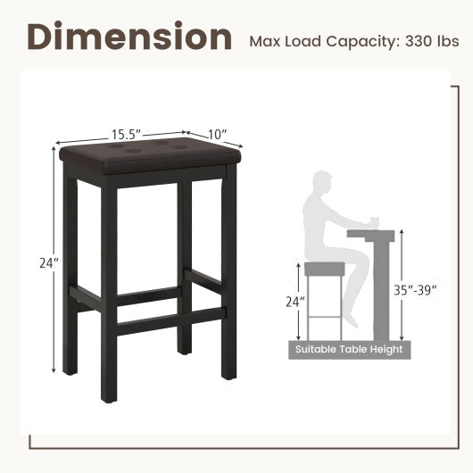 24" Bar Stools with Padded Seat Footrest and Rubber Wood Frame-Brown