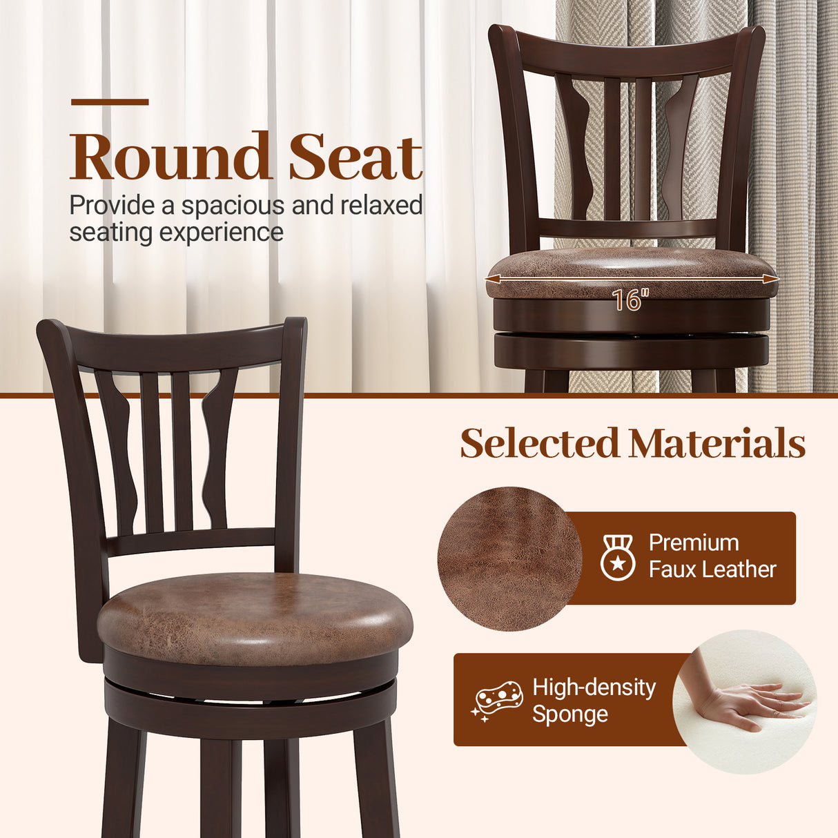 Counter Height Swivel Bar Stools Set of 2 with Back and Solid Rubber Frame-24