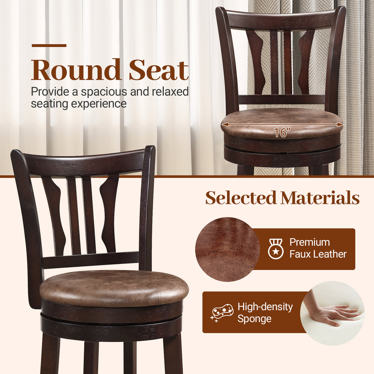 Counter Height Swivel Bar Stools Set of 2 with Back and Solid Rubber Frame-29
