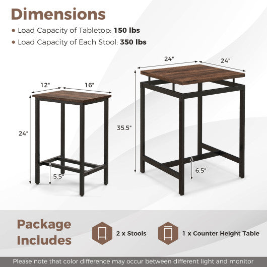 3 Pieces Pub Dining Table Set with Floating Tabletop and Footrest-Rustic Brown