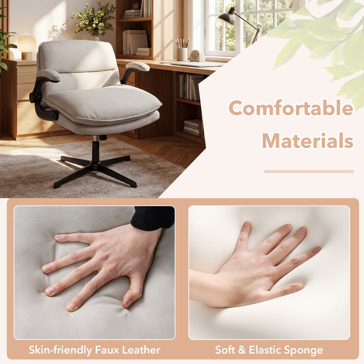 Criss Cross Chair with Flip-up Arms Ergonomic Office Desk Chair with Adjustable Height Wide Backrest Padded Seat-Beige