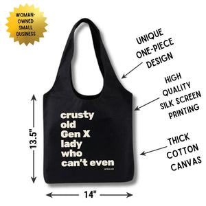 Crusty Old Gen X Lady Who Can't Even Keychain and Tote Bag Bundle | Motel Style Keyholder and Black Canvas Tote