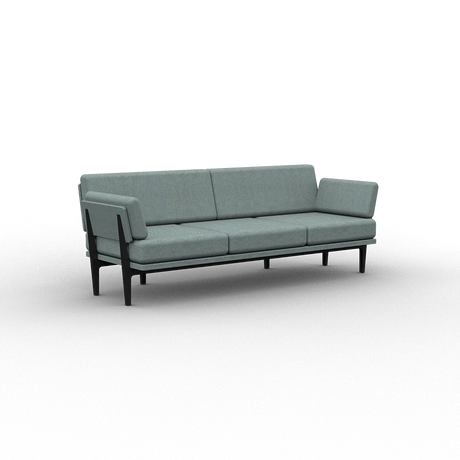 Introducing The Sofa 2.0: a contemporary three-seater sofa in modern gray, featuring sleek black legs and rectangular cushions. It boasts armrests on both ends and embraces a minimalist design, set against a plain black background.