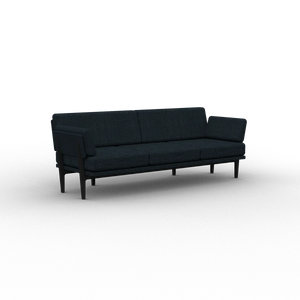 The Sofa 2.0, a contemporary upholstered piece in dark blue, showcases a minimalist aesthetic with its clean lines and rectangular cushions, all set against a plain white background.