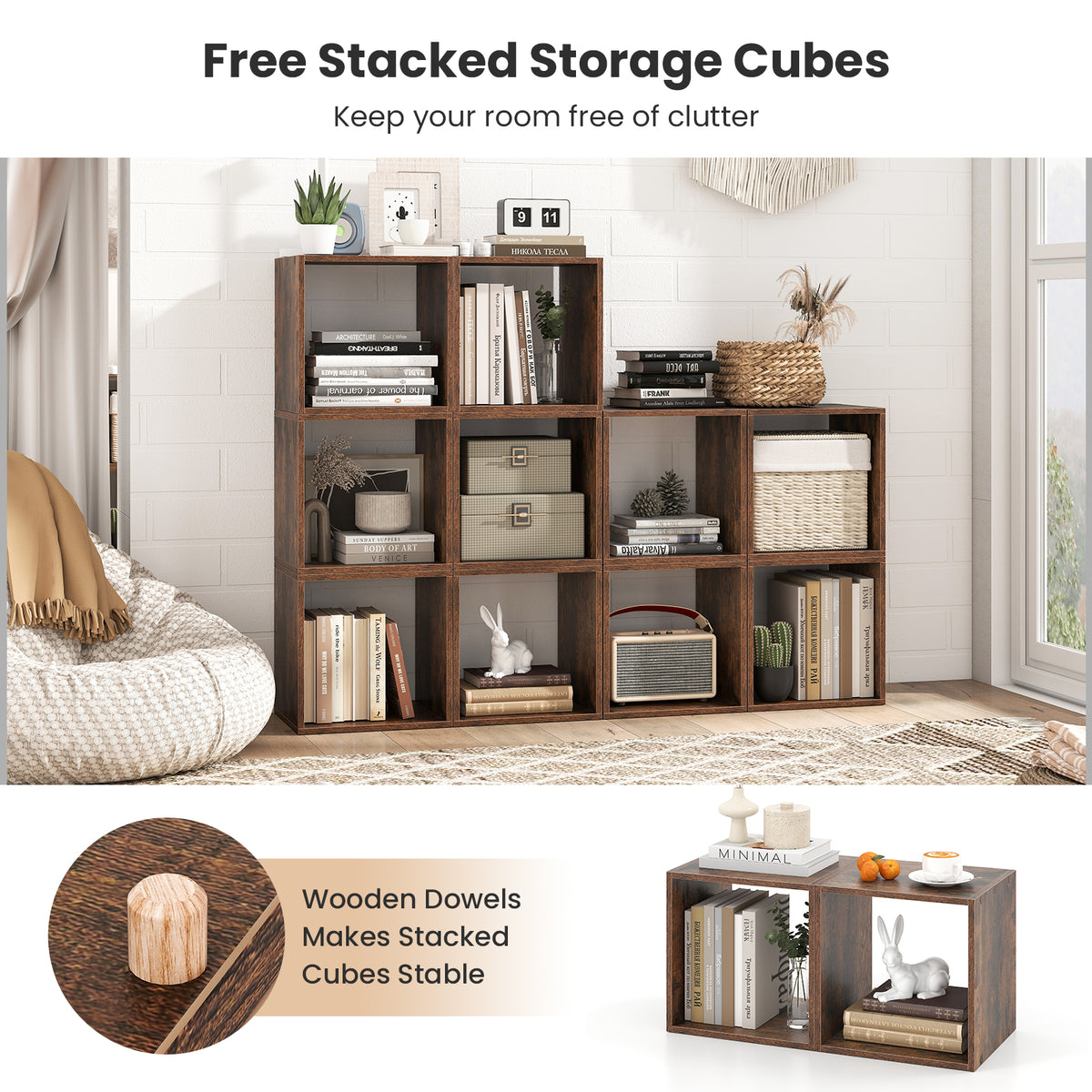 Cube Storage Organizer Set of 2 for Living Room Bedroom Study-Rustic Brown