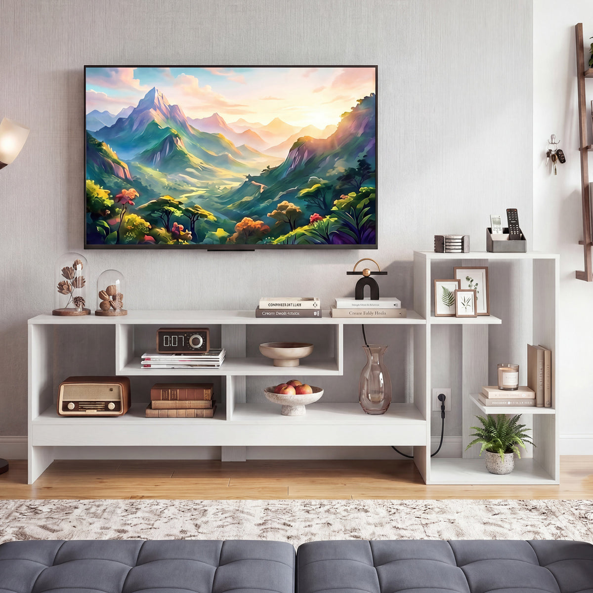 Cube TV Stand for 55 Inch TV with Power Outlets and Open Storage Shelves-White