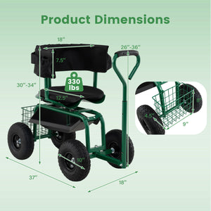 Cushioned Rolling Garden Cart Scooter with Storage Basket and Tool Pouch-Green