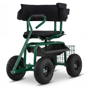 Cushioned Rolling Garden Cart Scooter with Storage Basket and Tool Pouch-Green
