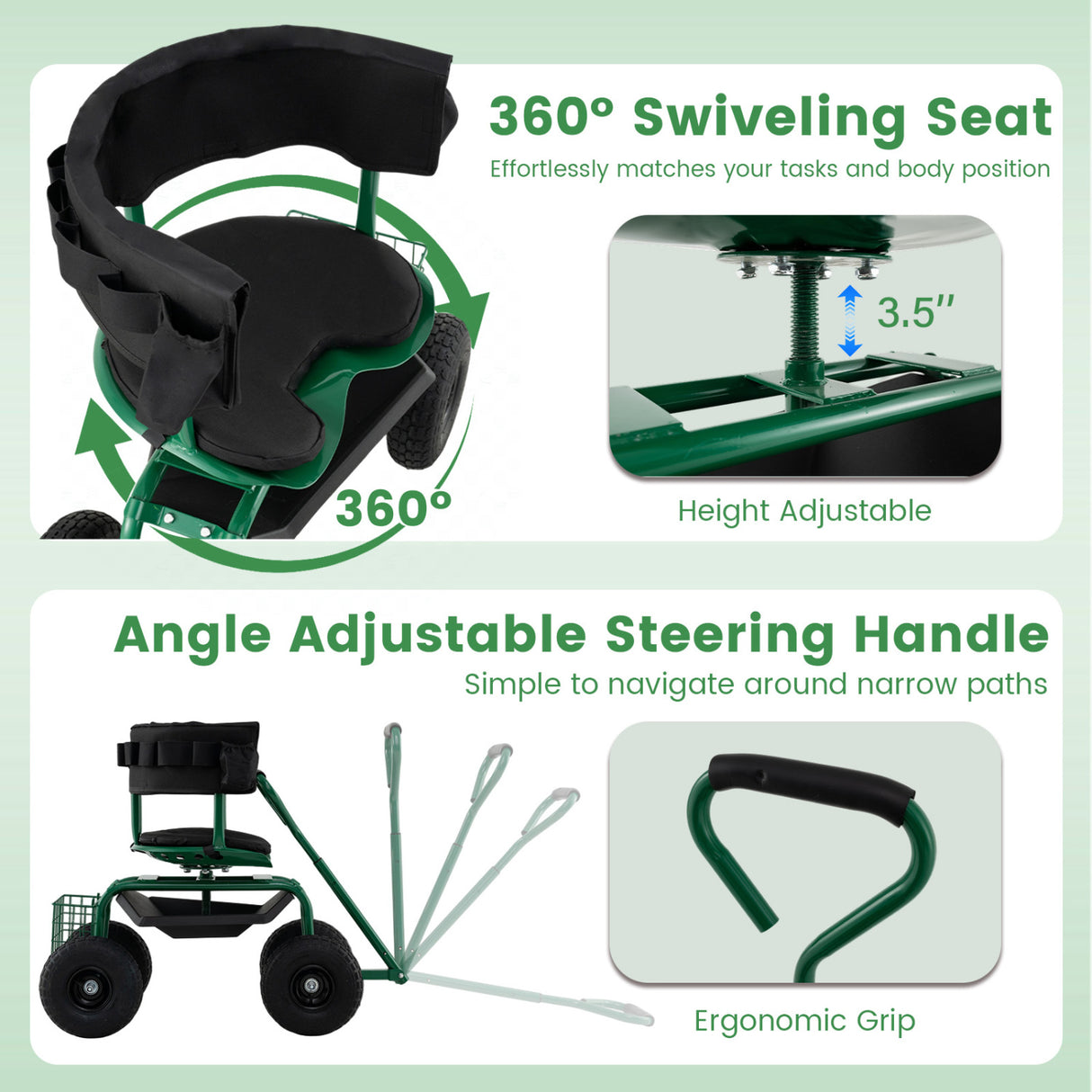 Cushioned Rolling Garden Cart Scooter with Storage Basket and Tool Pouch-Green