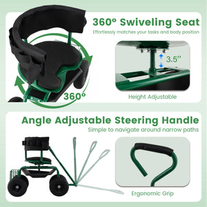 Cushioned Rolling Garden Cart Scooter with Storage Basket and Tool Pouch-Green
