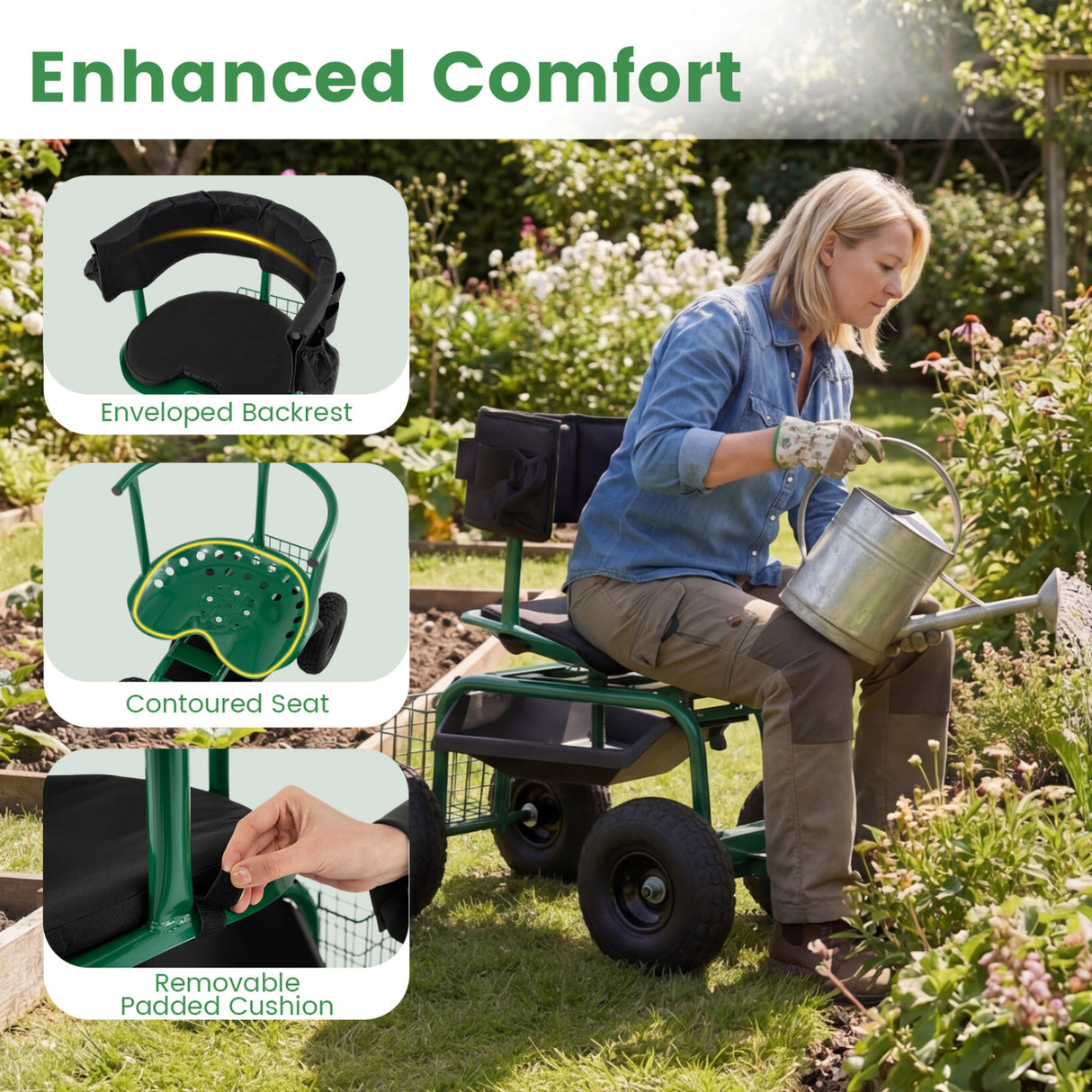 Cushioned Rolling Garden Cart Scooter with Storage Basket and Tool Pouch-Green