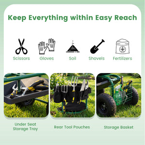 Cushioned Rolling Garden Cart Scooter with Storage Basket and Tool Pouch-Green